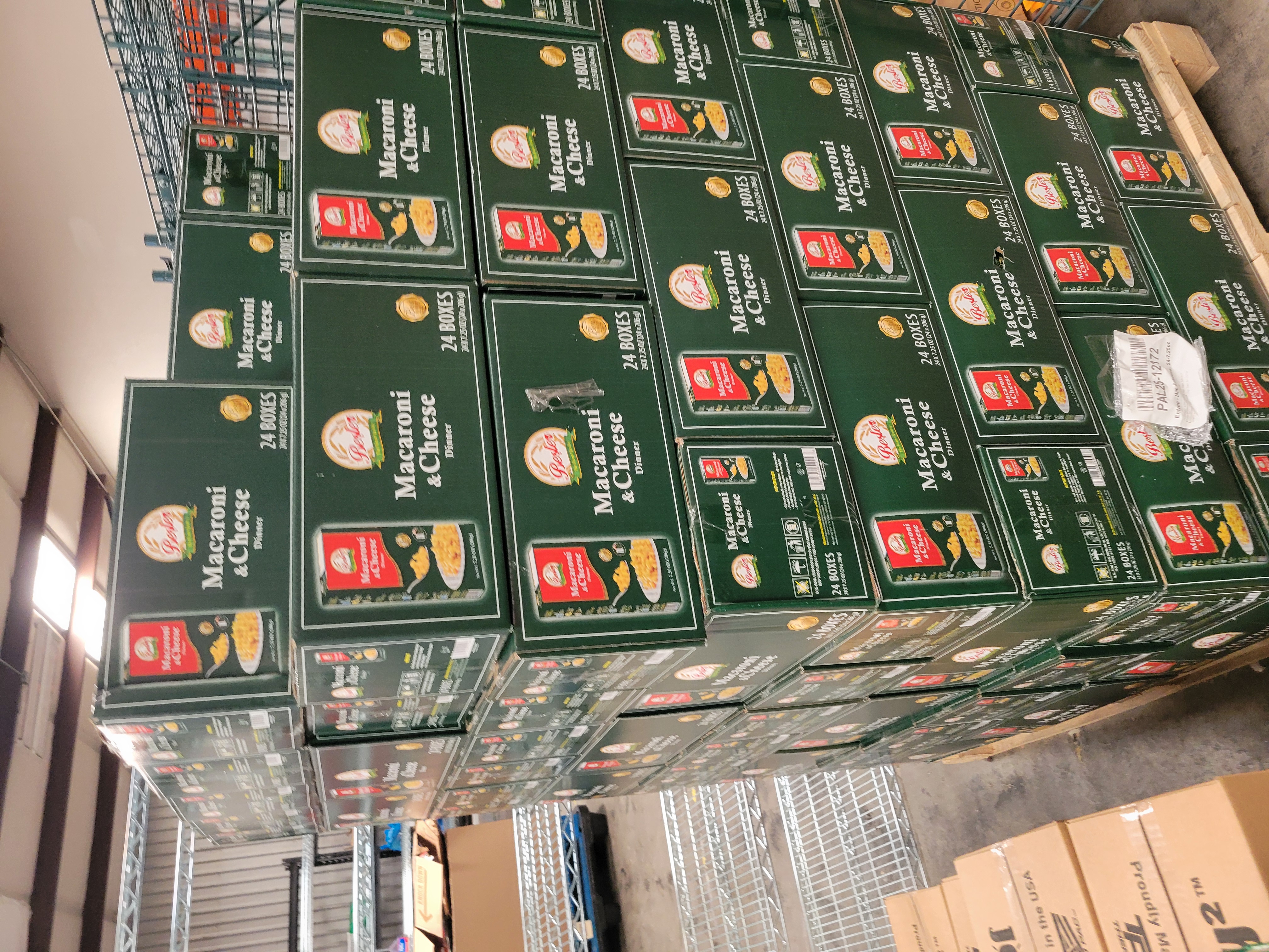 Pallet of boxes of boxed mac n cheese.